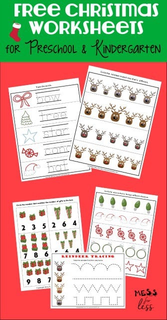 Free Preschool and Kindergarten Worksheets for Christmas - Mess for Less