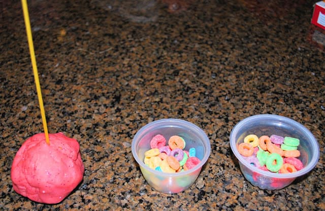 bowls of fruit loops and play dough