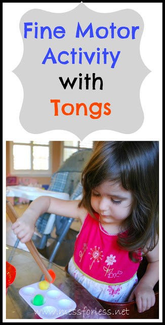 Fine Motor Skills Activity with Tongs - Kids transfer pom poms using a pair of tongs.