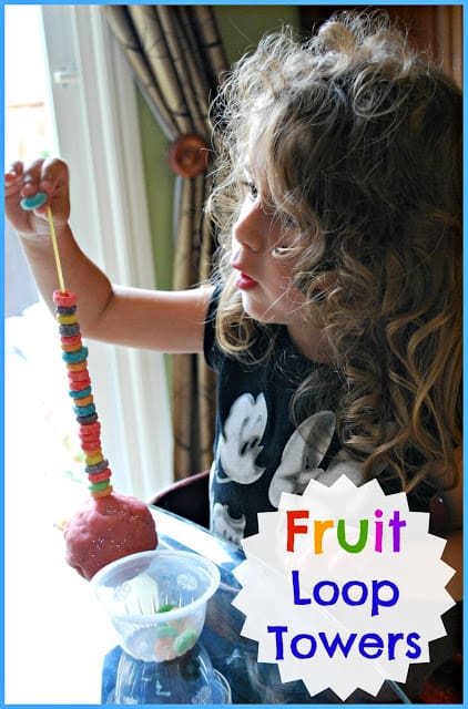 Fine Motor Activity - These fruit loop towers are a simple way to practice fine motor skills with little ones.