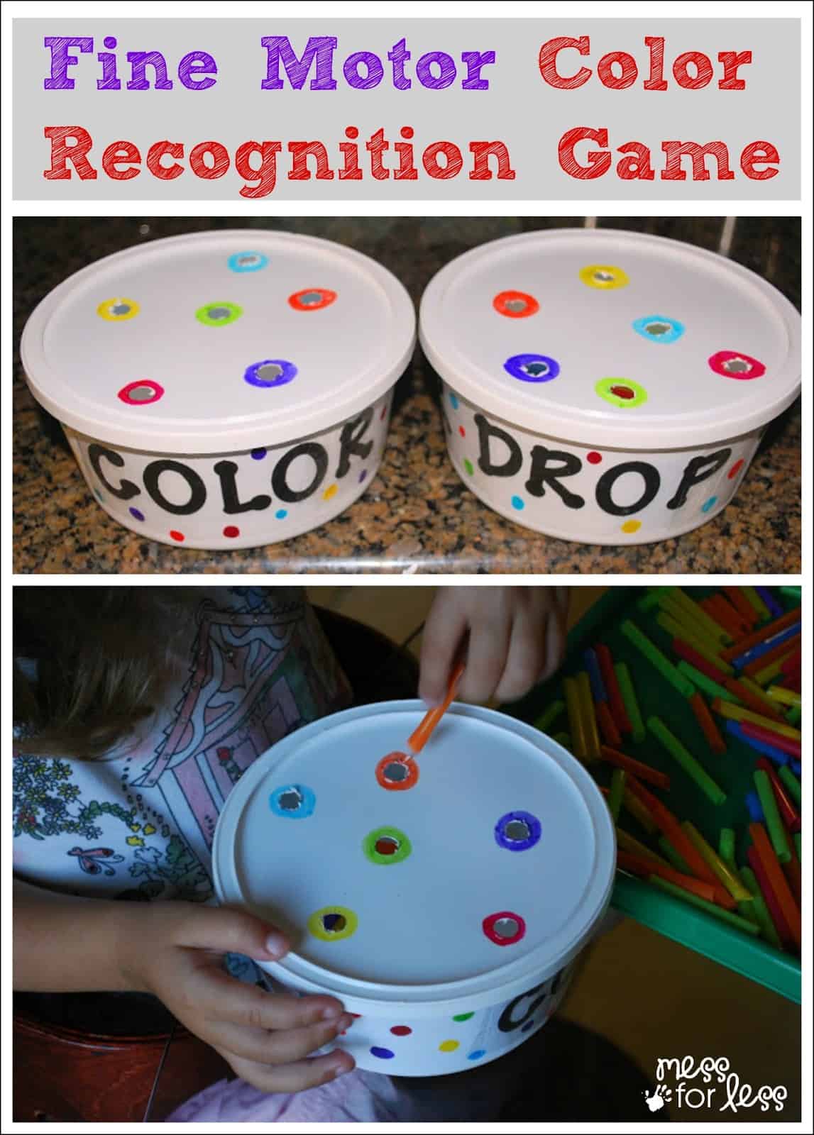 Fine Motor Skills Color Recognition Game - Use recyclables to make a fun game that works on many basic skills for toddlers and preschoolers.