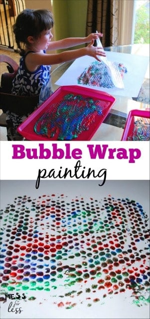 Use up that extra bubble wrap to make these colorful bubble wrap art prints with kids. Check out the less messy technique for creating these masterpieces. Click to see how to do it. 