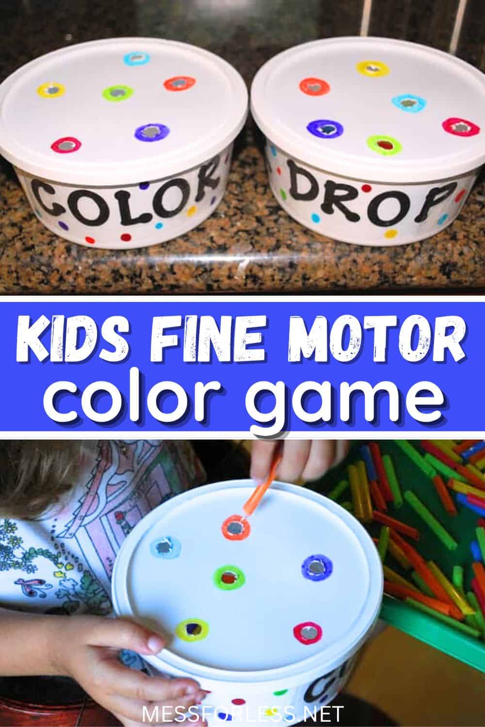 Two containers labeled COLOR and DROP with colored dots; child uses tongs to drop items in matching holes in this Fine Motor Skills Color Recognition Game.