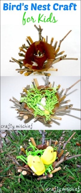 Gather some objects from nature to make a bird's nest craft for kids. A great way to recycle and use that Easter candy!