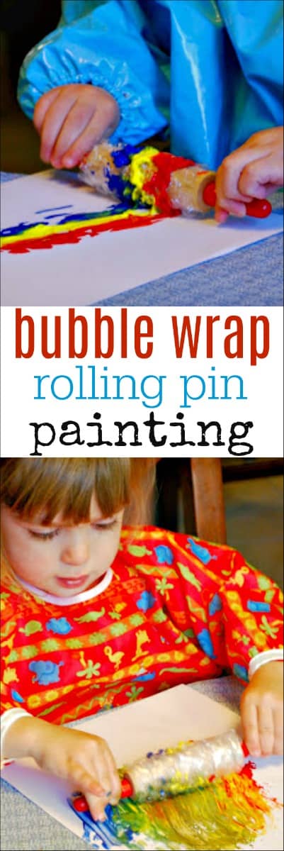 This Painting with Rolling Pins and Bubble Wrap activity is a great way to get kids to experiment with art and paint. Use common household items to create a fun kids activity. #kidsart #kidsactivity