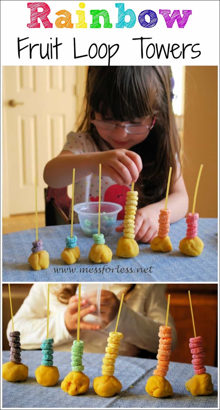 Rainbow Fruit Loop Towers - I love how this combines fine motor skills with fun rainbow activities.