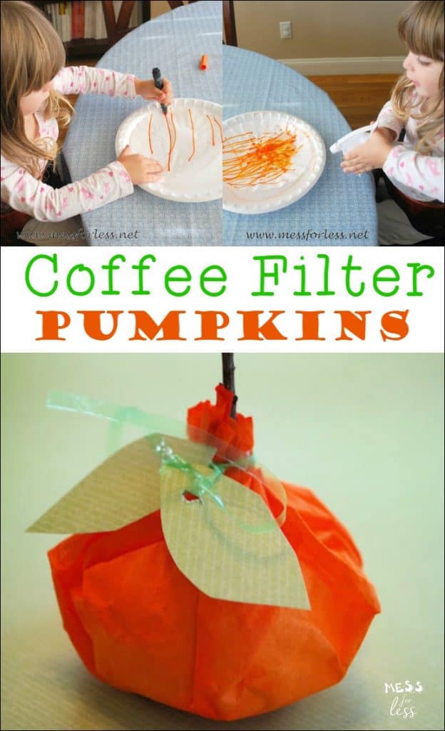 These coffee filter pumpkins are fun for kids to make and are a great  Fall decoration!  Such a fun kids activity!