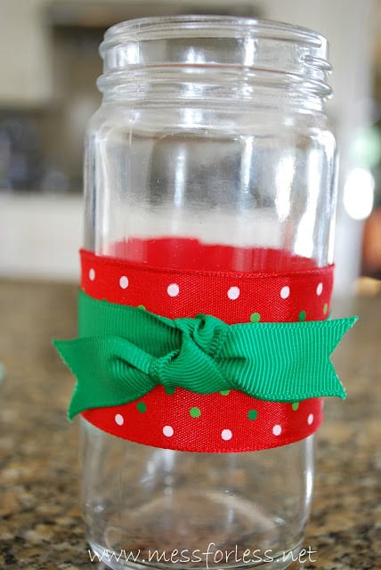 jar with red and green ribbon