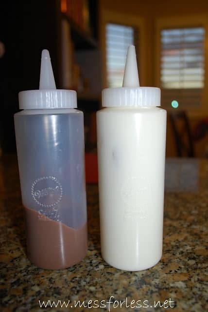 melted chocolate in a squirt bottle