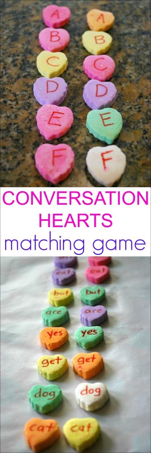 Conversation Hearts Word Matching Game - Fun way for kids to practice their sight words. Features a version for kids learning letters as well.