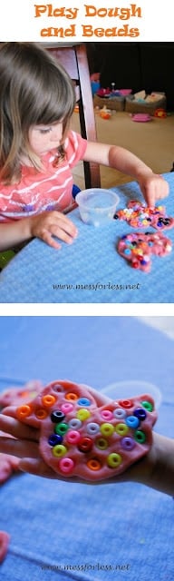 placing play dough in beads