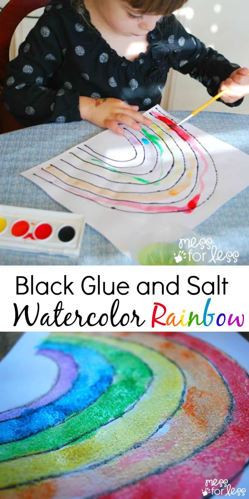 Black Glue and Salt Watercolor Rainbow - Salt Painting for