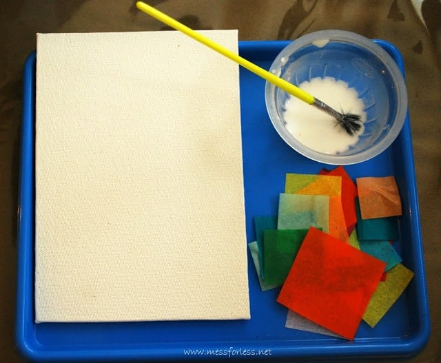 tissue paper, canvas, glue and brush