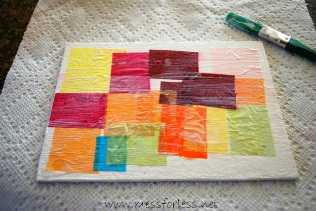 tissue paper square collage with mod podge