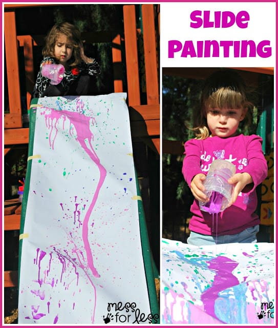 Use a slide or easel to pour paint and create art with kids.