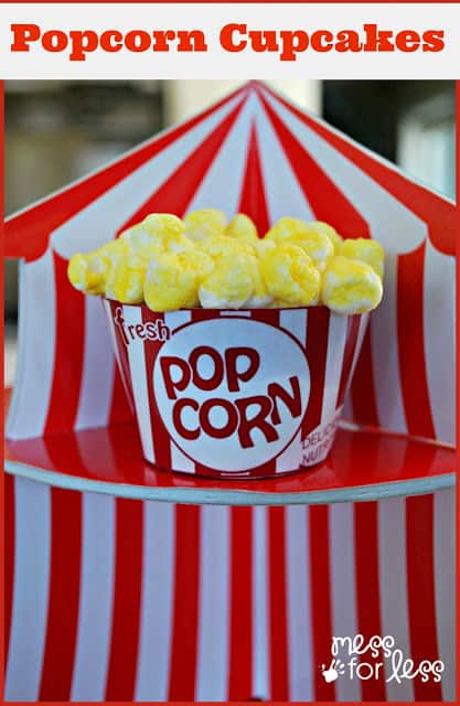 Popcorn cupcakes are easy to make a perfect for a circus themed party or movie night.