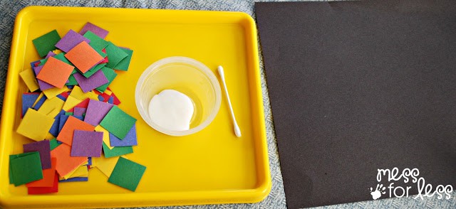 tray, glue and paper squares