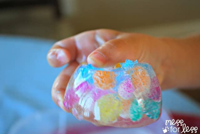 Kick water bead play up a notch by freezing them. Children will love watching what happens as the water beads change and melt. A fun sensory and learning activity.