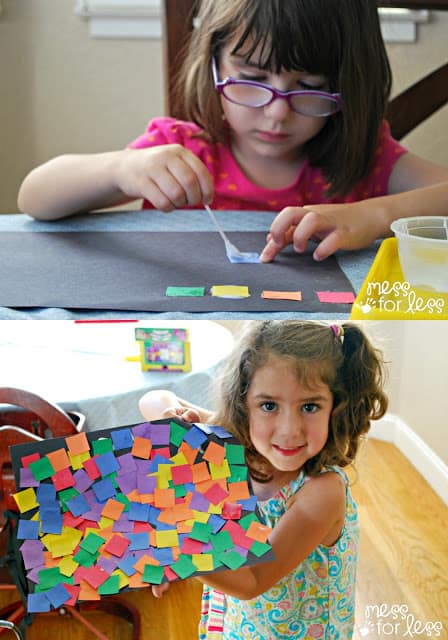 Open ended art activity - Children create a collage using paper squares and glue.