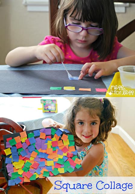 Open ended art activity - Children create a collage using paper squares and glue.