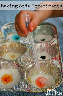 Kids create their own mini colorful eruptions with the Baking Soda Experiments. This kept my kids entertained for over an hour!
