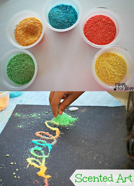 Scented Art - Using crushed fruity cereal and glue to create art! Great activity to teach colors, sorting and even fine motor skills as kids squeeze the glue bottle.