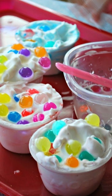 Shaving cream and water bead cupcakes - fun sensory play for kids