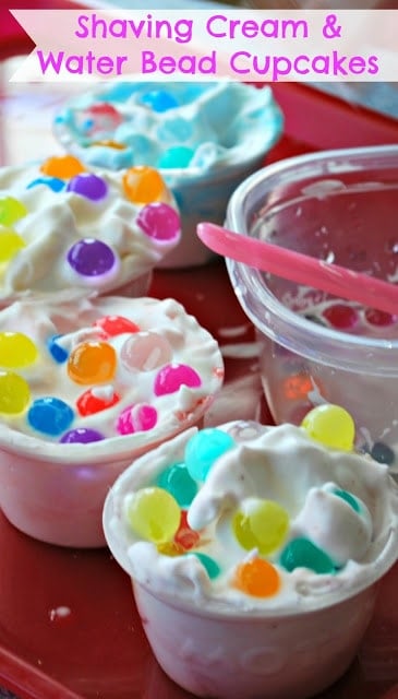 Shaving cream and water bead cupcakes - wonderful sensory play activity for kids.