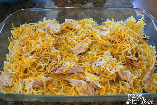 chicken pasta and cheese in casserole dish