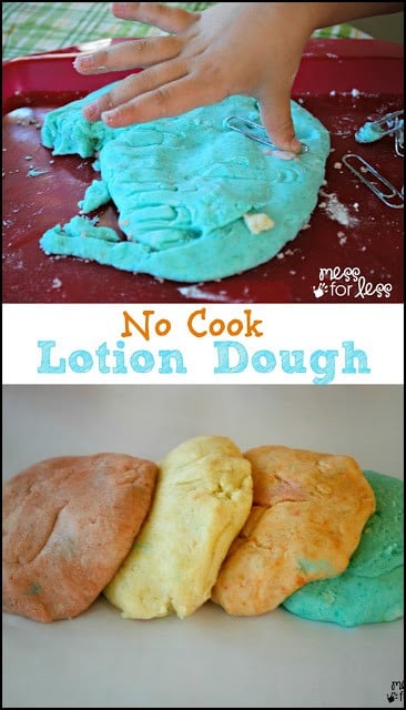 No Cook Lotion Dough - This dough only uses 4 ingredients and is simple to make. No cooking over a stove or messing up pots. The lotion makes it super soft!