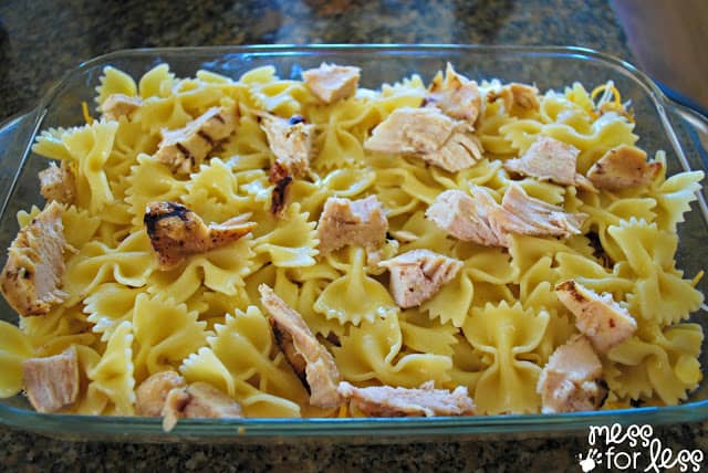 chicken and pasta in casserole dish