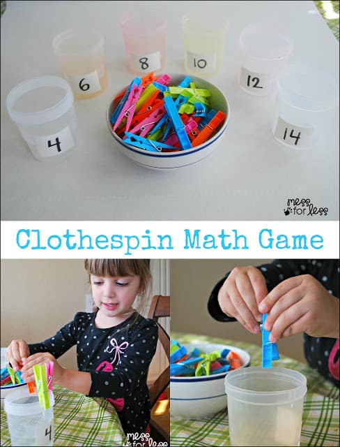 Clothespin Math Game - This preschool math activity is easy to make at home and even lets kids practice their fine motor skills.