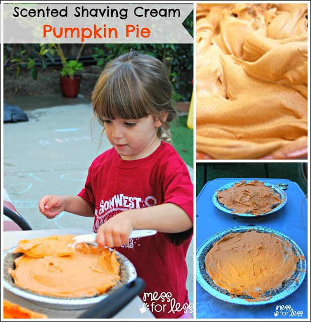 Scented Shaving Cream Pumpkin Pie - This fall sensory activity allows kids to create a play pumpkin pie using sand and shaving cream.