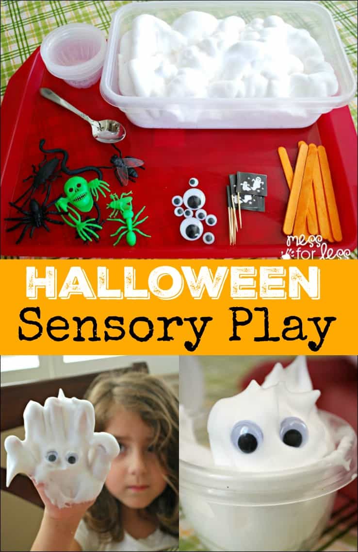 Halloween Sensory Play - Shaving cream and Halloween toys provide a fun sensory experience for kids to explore. Fun kids activity for Halloween!