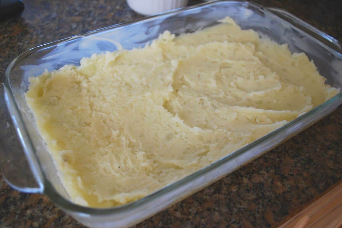 mashed potatoes in baking dish.
