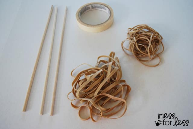 rubber bands, dowels, and tape