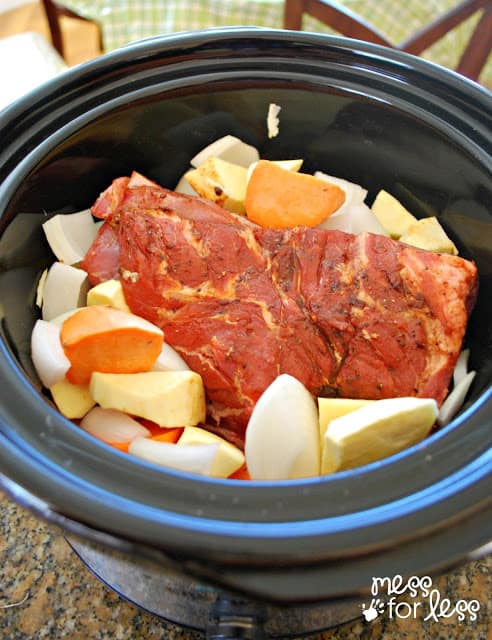 pork roast and potatoes in a slow cooker