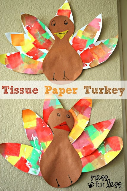 Tissue Paper Turkey Craft - tissue paper and water creates this colorful effect on the feathers. 