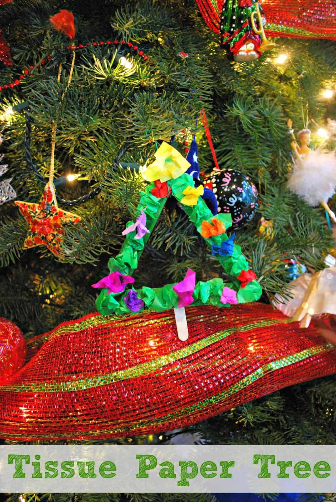Making Tissue paper Tree Ornaments - Easy to make using tissue paper and popsicle sticks.