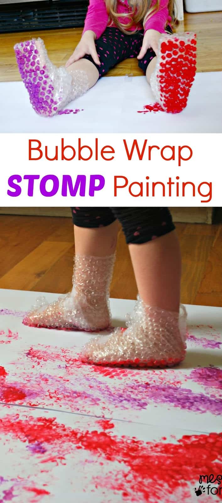 Kids can jump and stomp as they create a masterpiece with bubble wrap stomp painting! A fun way for kids to move their bodies and create art.