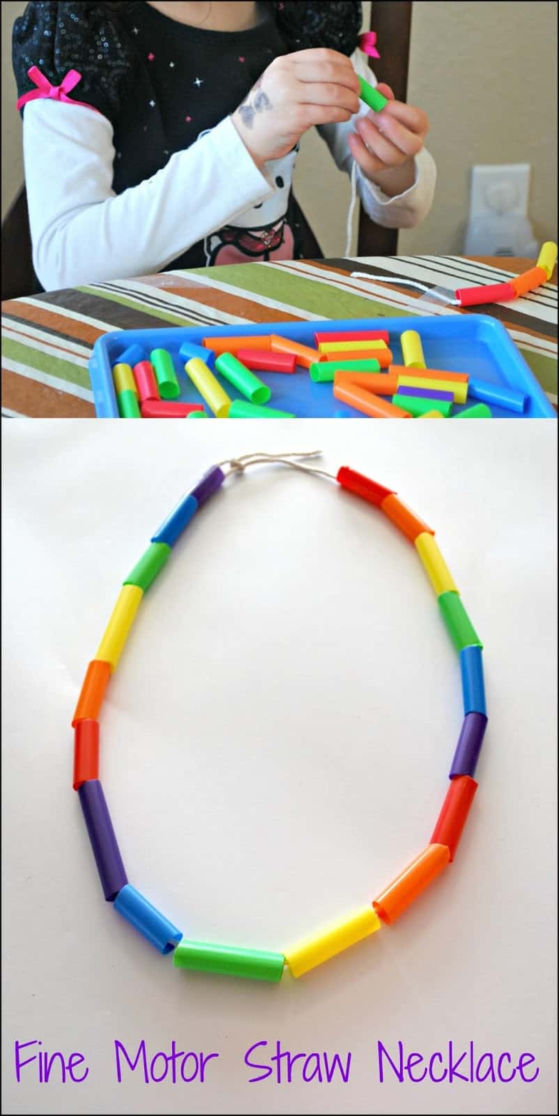 Fine Motor Straw Necklace - create this pretty rainbow necklace while working on fine motor skills.