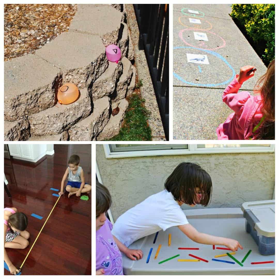 Four images show kids enjoying 12 gross motor activities, playing outdoor and indoor math games with chalk, cups, tape, and colored sticks.
