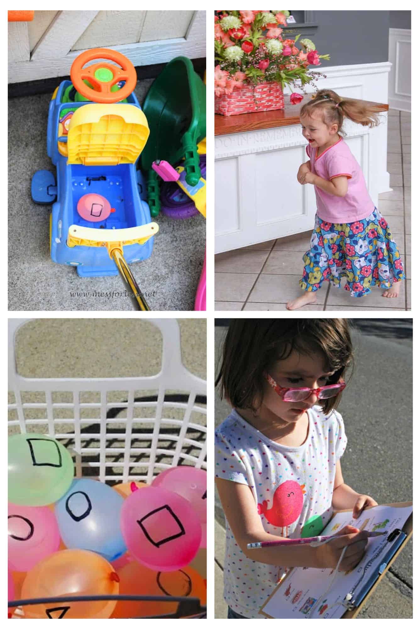 A child enjoys one of 12 gross motor activities, playing outside with colored balloons marked with shapes, using a clipboard and a toy car.