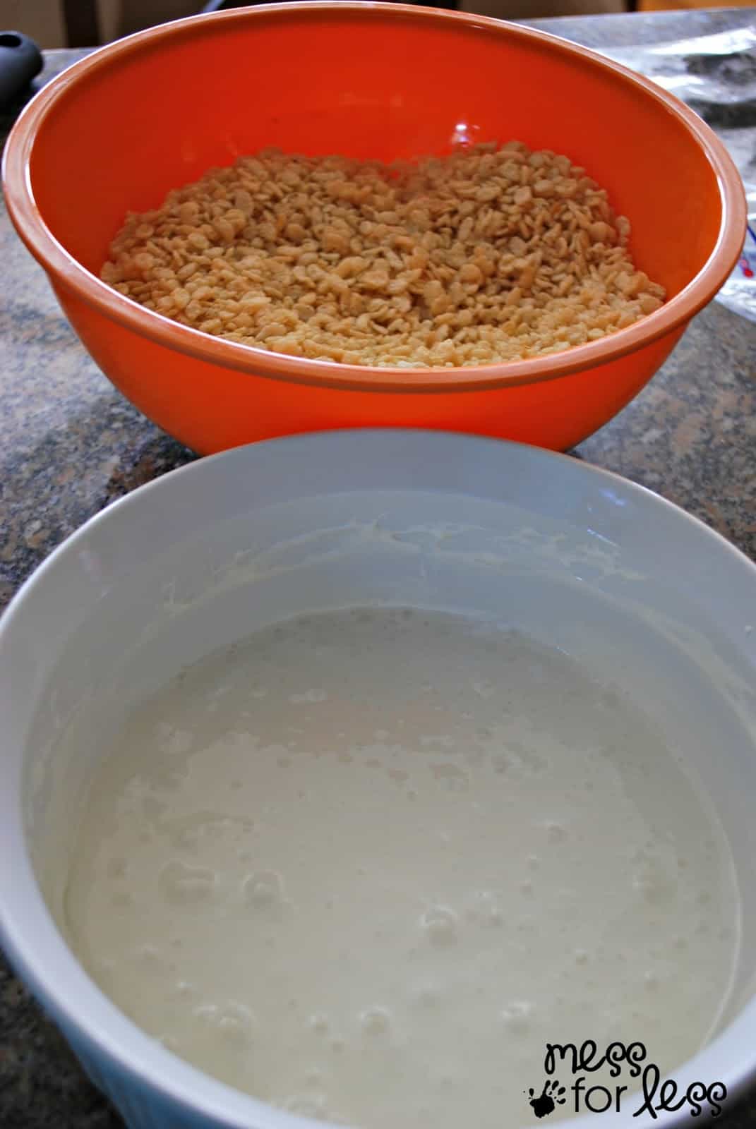 melted marshmallows and bowl of rice krispie treats