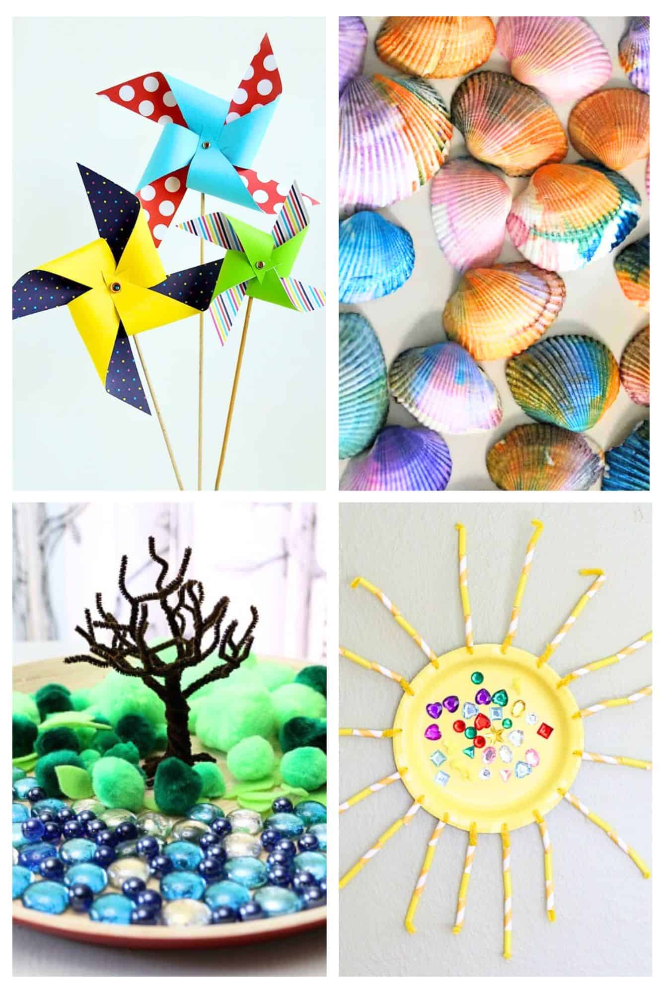 Collage of colorful kids’ crafts—pinwheels, painted seashells, a pom-pom tree, and a decorated sun plate—perfect summer activities for preschoolers.