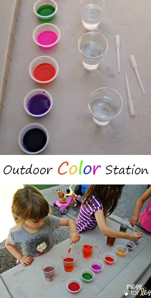 Outdoor Color Station - Kids can experiment with color mixing while working on their fine motor skills. This kept my kids entertained for ages!