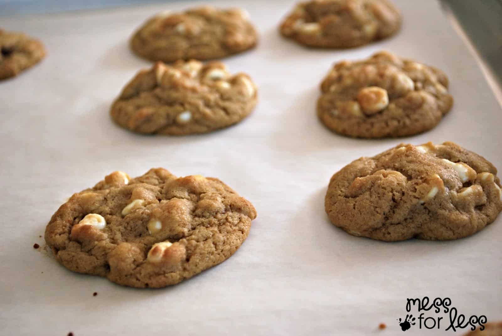 white chocolate chip cookies on cookie sheet