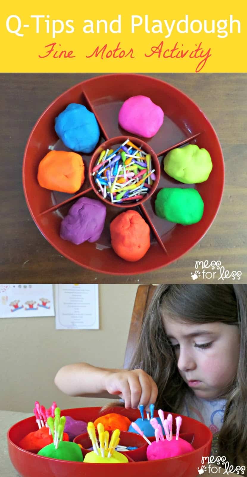 Q Tips and Playdough Fine Motor Activity. Find out how to make dyed q-tips and use them for a fine motor color matching activity. 