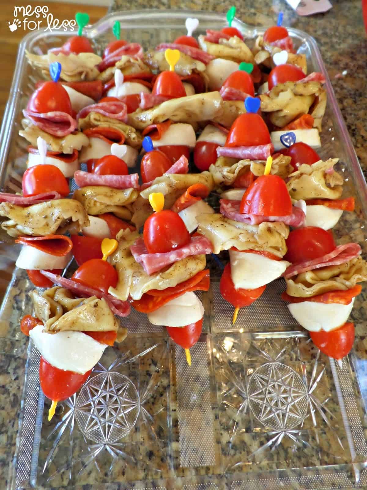 Italian Appetizers - Tortellini Salad Skewers - Mess for Less