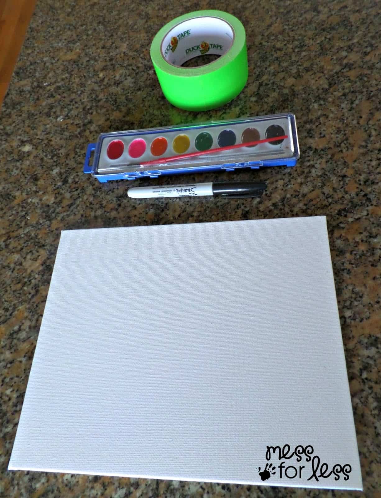 canvas, duck tape, watercolor paint, marker